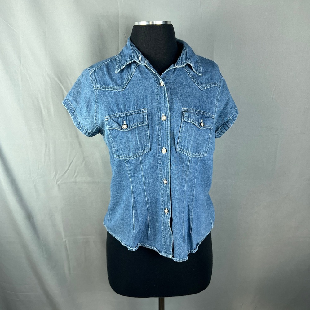 BonJour Western Shirt Women Large Blue Denim Cotton Peaked Yoke Dual Flap Pocket